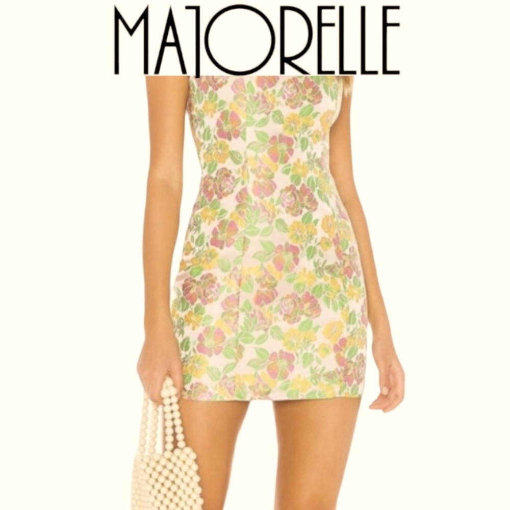 MAJORELLE Floral cocktail Dress - Pink, Yellow, Green, metallic shimmer
